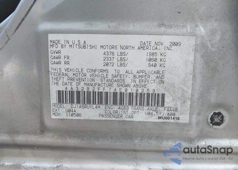 2010 Mitsubishi Galant Fe z USA, uszkodzony, nr VIN 4A32B2FF7AE010259